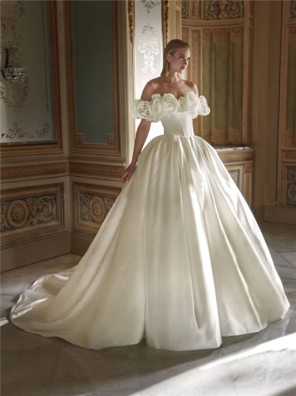 Designer Off-Shoulder Satin Gown by Pronovias Сан-Диего