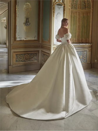 Designer Off-Shoulder Satin Gown by Pronovias Сан-Диего